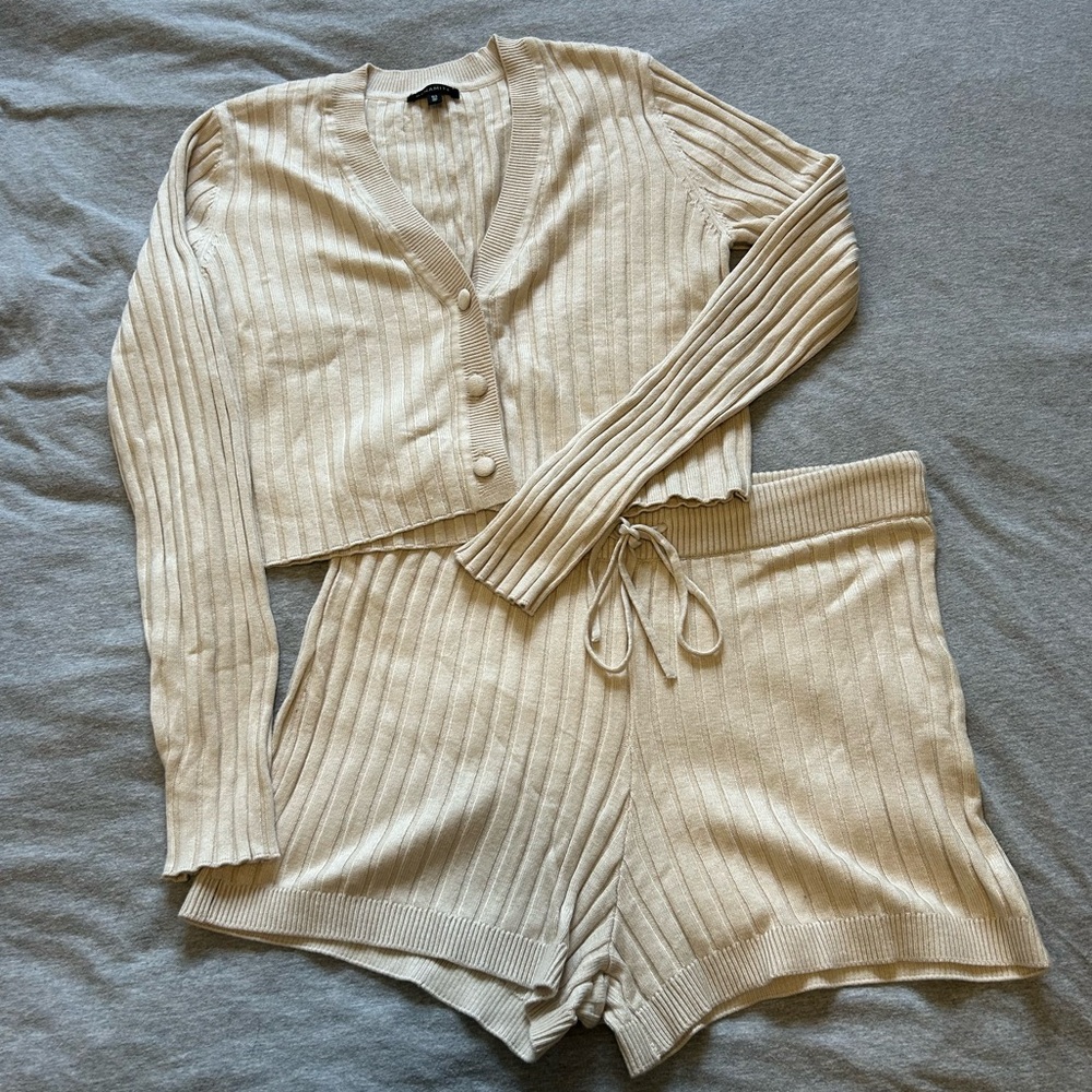 Ribbed Knit Set - Cardigan and Shorts